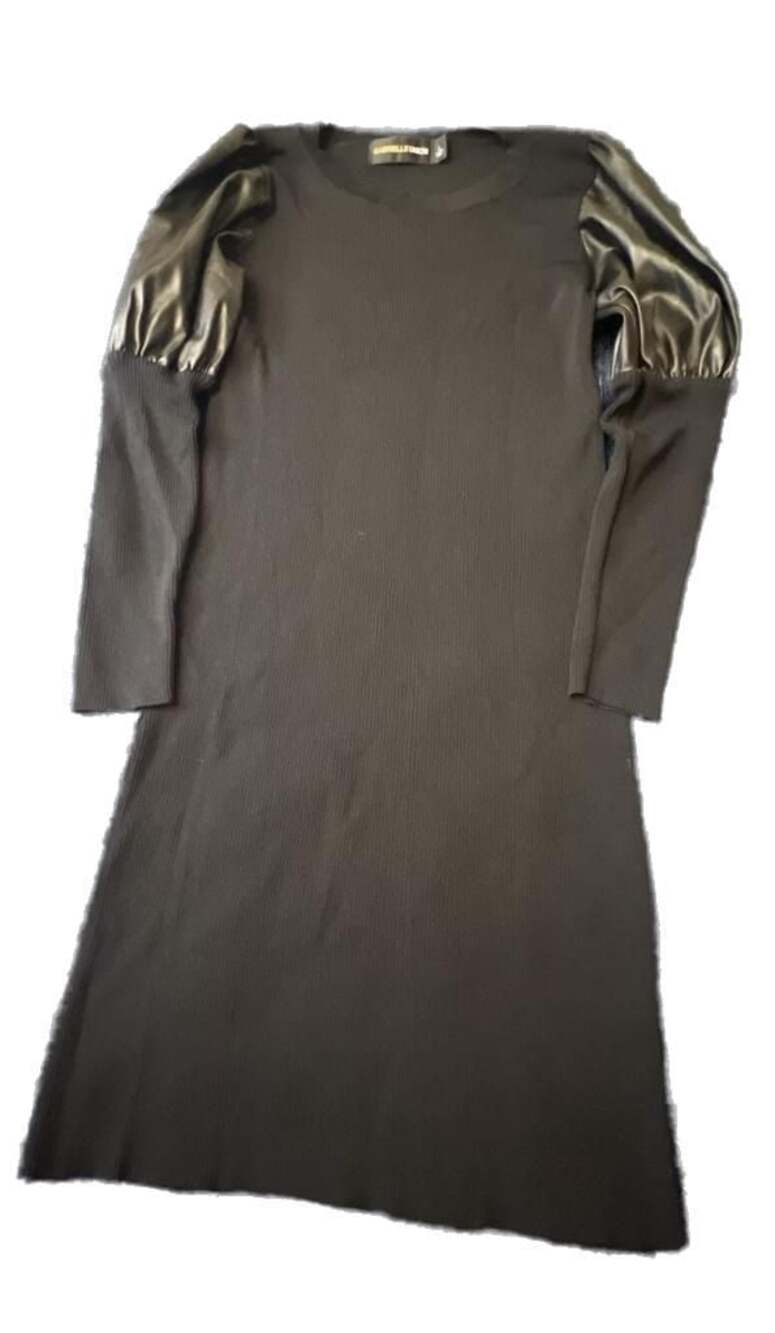 Gabrielle Union Black Ribbed Knit Dress with Faux Leather Puff Sleeves Size L